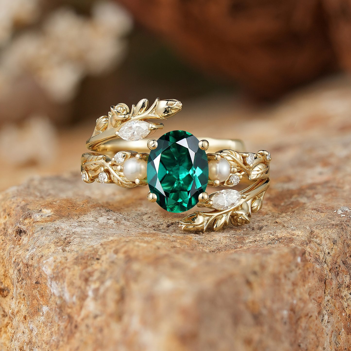 Rose Blossom: Oval Cut Lab Emerald & Pearl Nature Inspired Bridal Ring Set