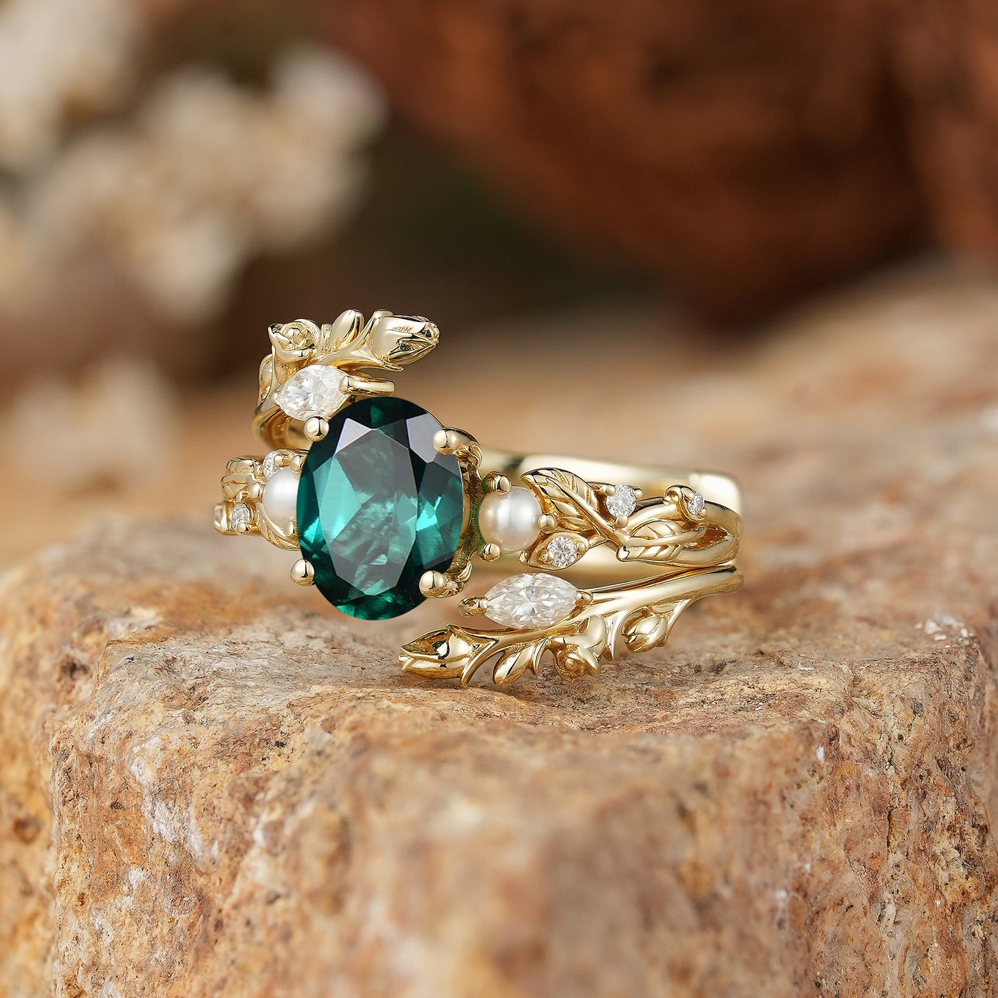 Rose Blossom: Oval Cut Lab Emerald & Pearl Nature Inspired Bridal Ring Set