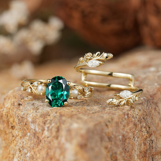 Rose Blossom: Oval Cut Lab Emerald & Pearl Nature Inspired Bridal Ring Set
