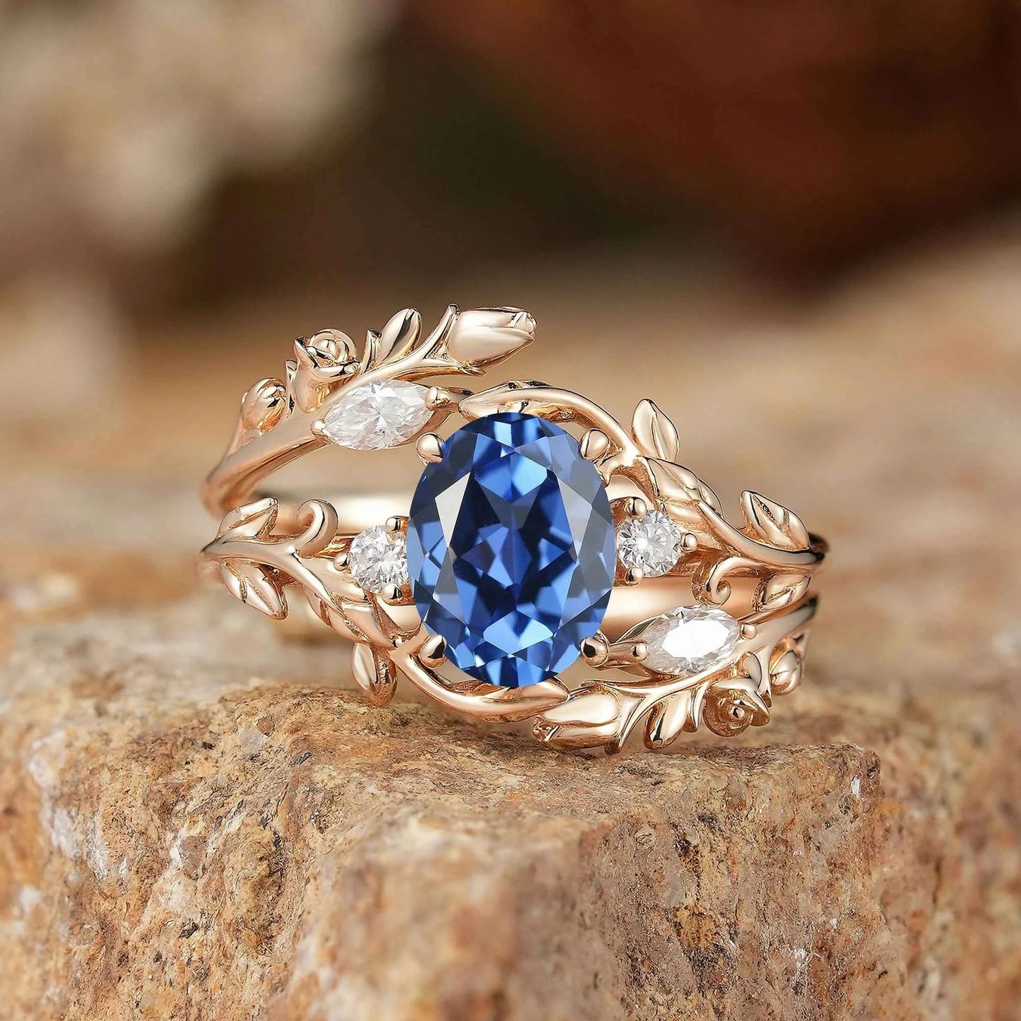 Cornflower Sapphire with Rose Buds Enhancer Ring Set - Leona