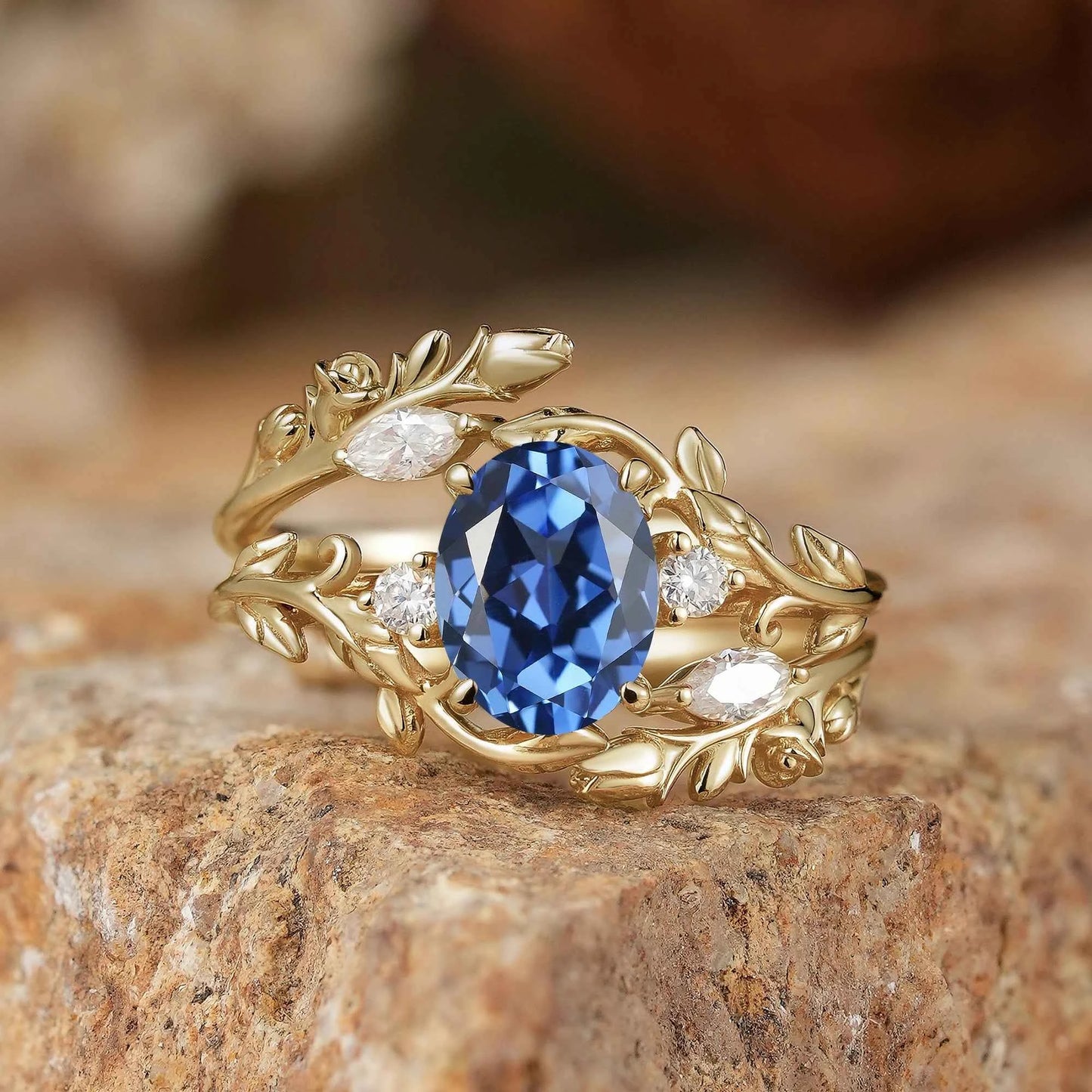 Cornflower Sapphire with Rose Buds Enhancer Ring Set - Leona