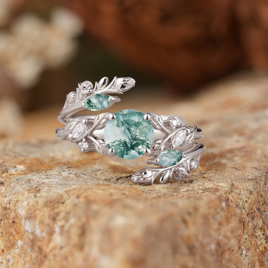 GemsMagic Round Shaped Moss Agate Nature Inspired Bridal Enhancer Ring Set