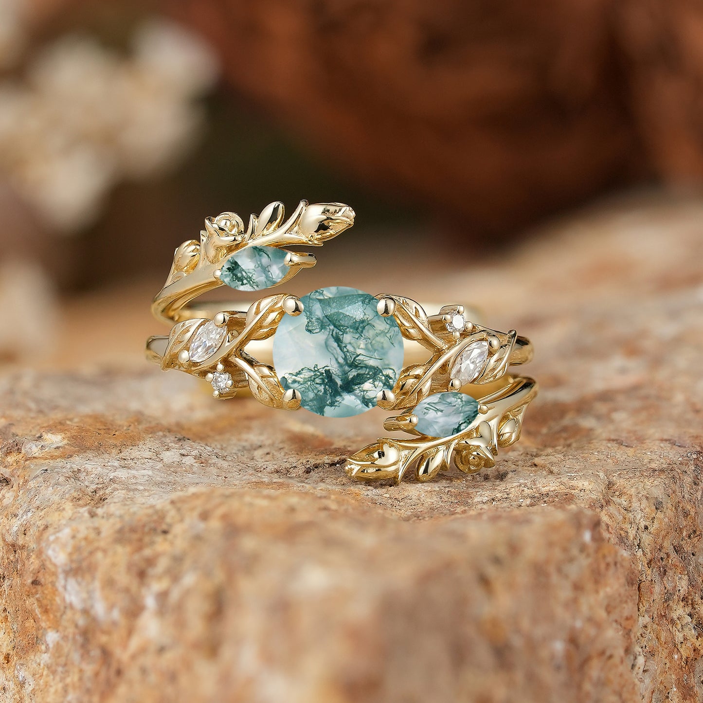 GemsMagic Round Shaped Moss Agate Nature Inspired Bridal Enhancer Ring Set