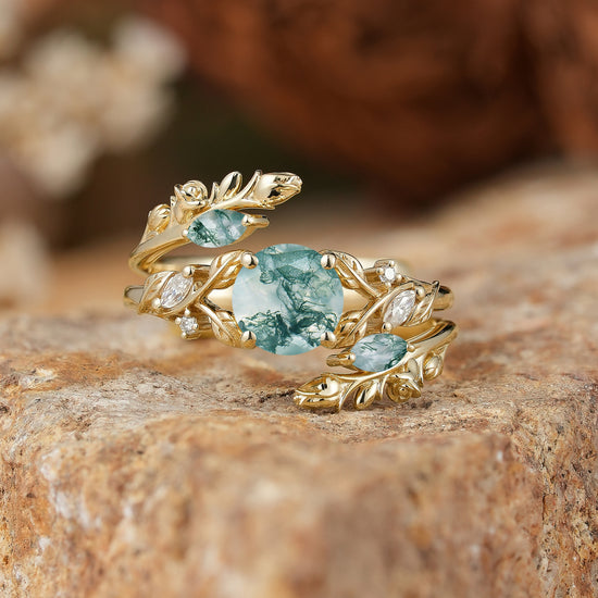 GemsMagic Round Shaped Moss Agate Nature Inspired Bridal Enhancer Ring Set