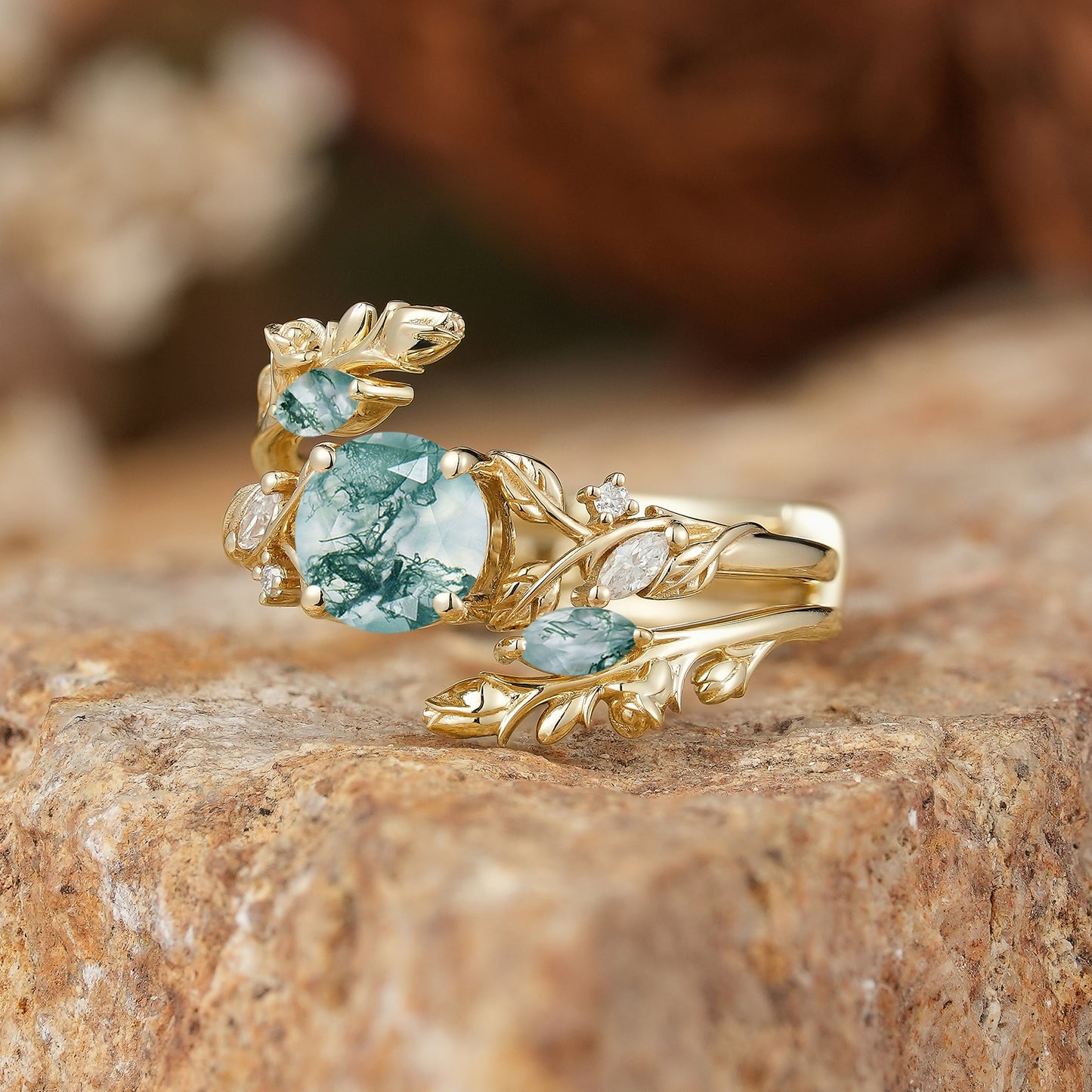 GemsMagic Round Shaped Moss Agate Nature Inspired Bridal Enhancer Ring Set