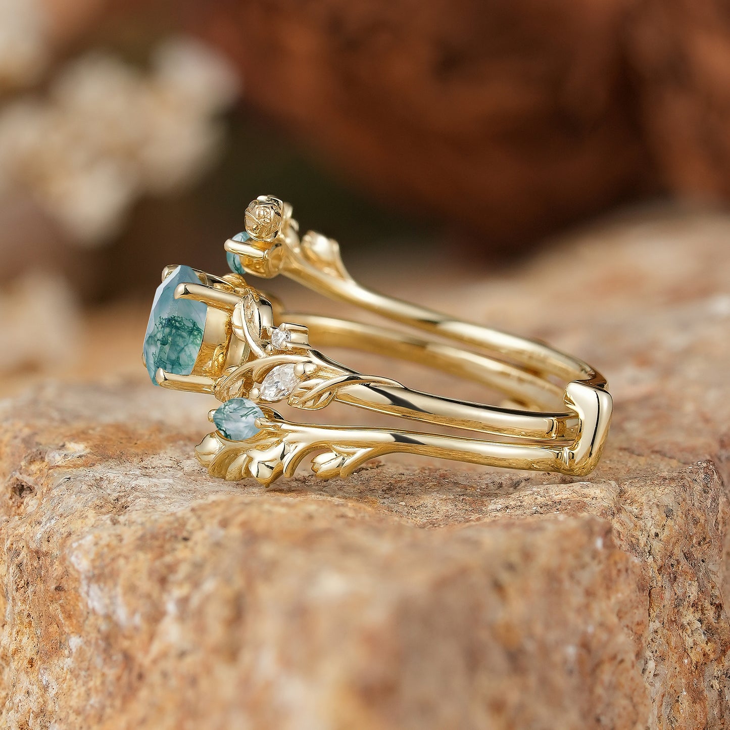 GemsMagic Round Shaped Moss Agate Nature Inspired Bridal Enhancer Ring Set