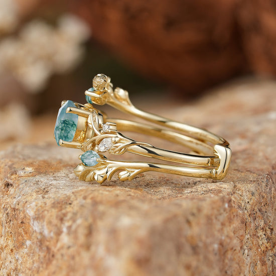 GemsMagic Round Shaped Moss Agate Nature Inspired Bridal Enhancer Ring Set