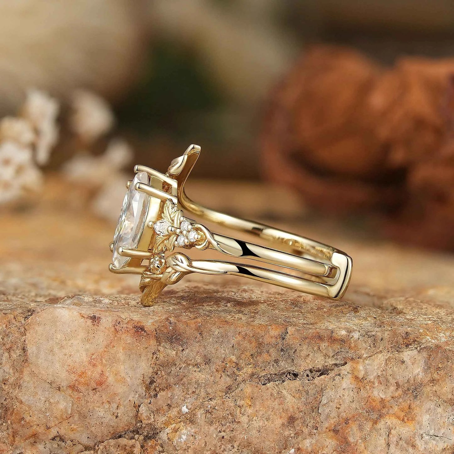 Marquise Moissanite with Leaf Enhancer Ring 2pcs - Margaret