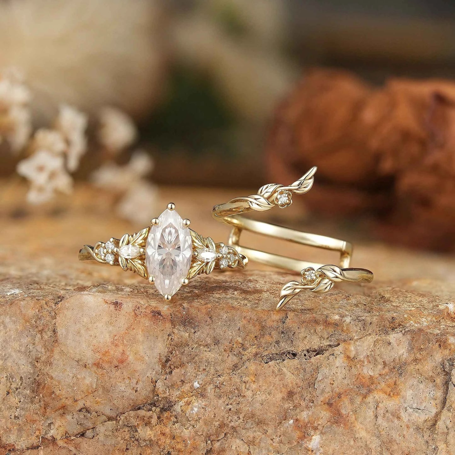 Marquise Moissanite with Leaf Enhancer Ring 2pcs - Margaret