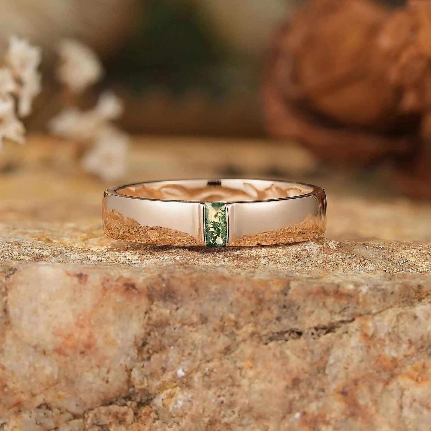 Men's Moss Agate Band with Intricate Floral and Leaf Inner Engraving - Matthew