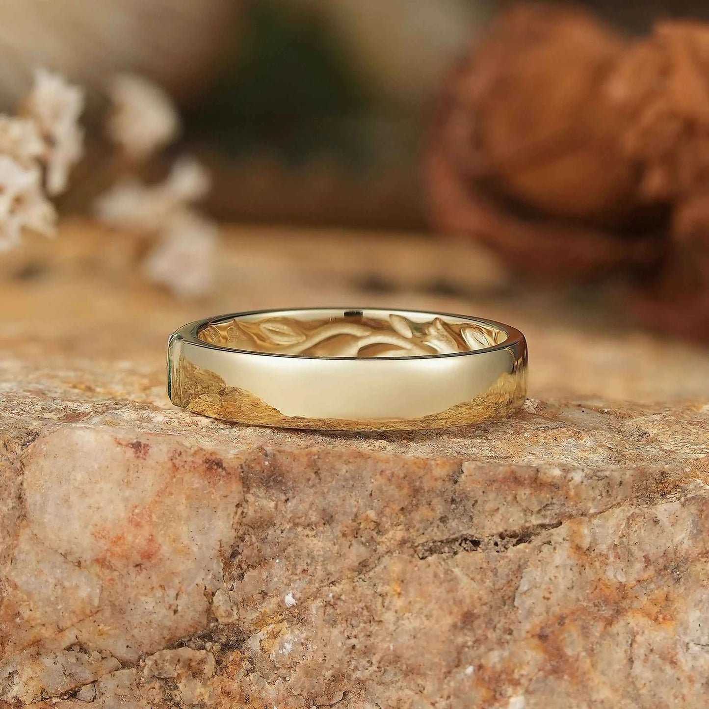 Men's Moss Agate Band with Intricate Floral and Leaf Inner Engraving - Matthew