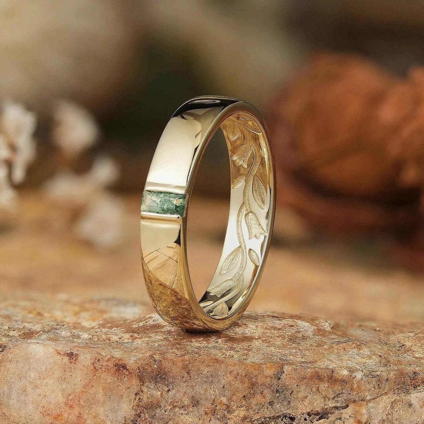 Men's Moss Agate Band with Intricate Floral and Leaf Inner Engraving - Matthew