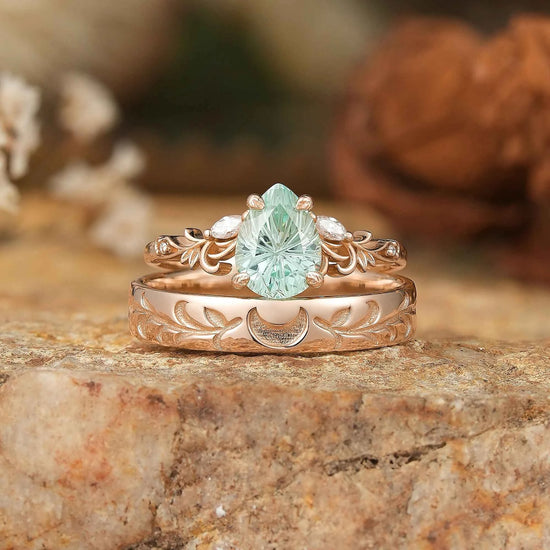 GemsMagic Sparkle Cut Pear Green Sapphire Olive Leaf Inspired And Moon Couple Rings