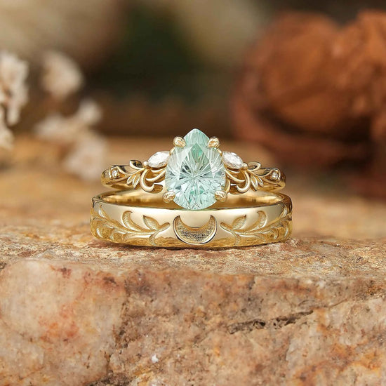 GemsMagic Sparkle Cut Pear Green Sapphire Olive Leaf Inspired And Moon Couple Rings