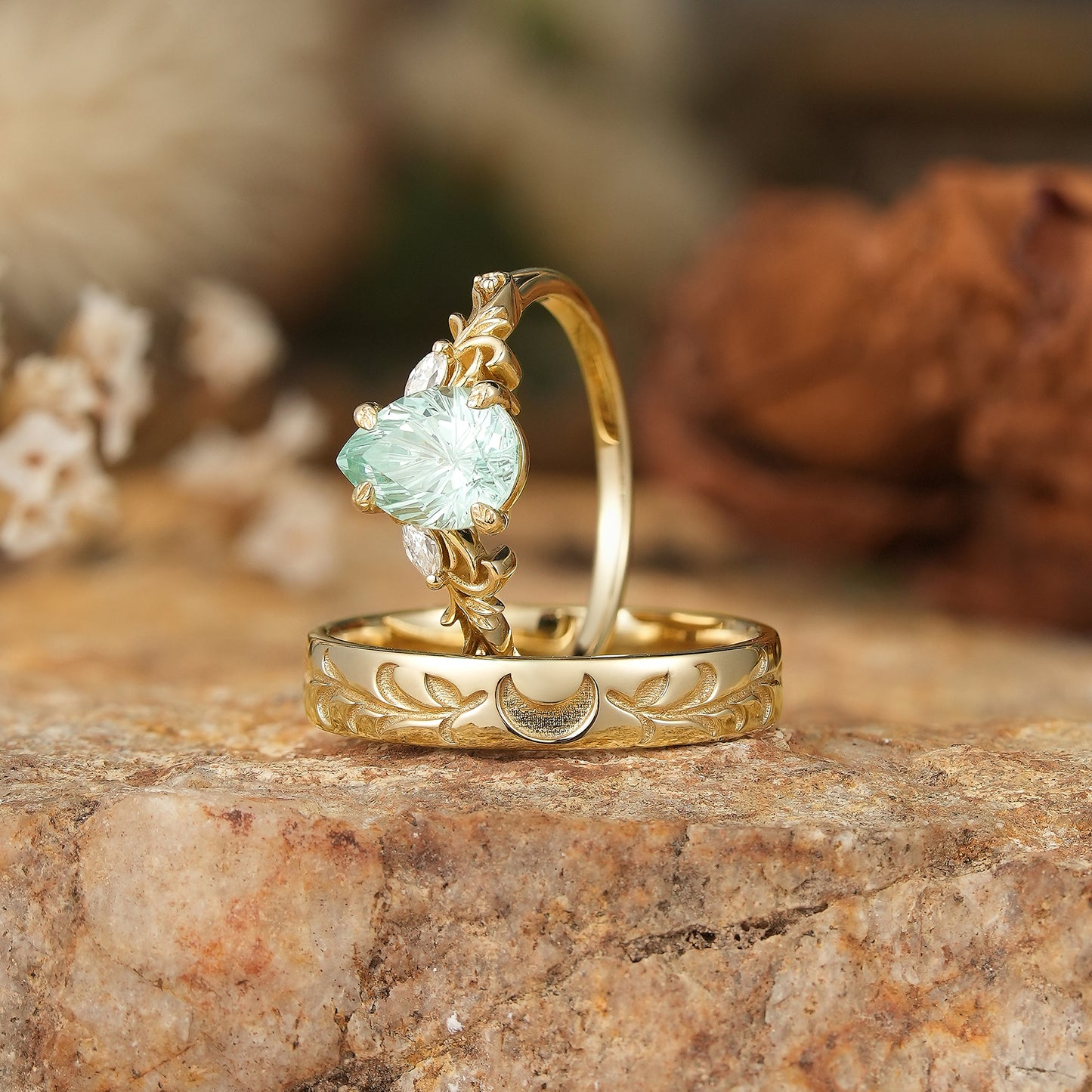 GemsMagic Sparkle Cut Pear Green Sapphire Olive Leaf Inspired And Moon Couple Rings