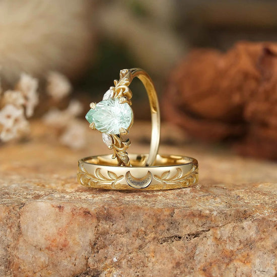 GemsMagic Sparkle Cut Pear Green Sapphire Olive Leaf Inspired And Moon Couple Rings