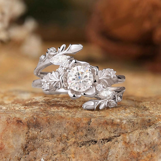 Blooming Rose Moissanite with Rose Buds Ring Set