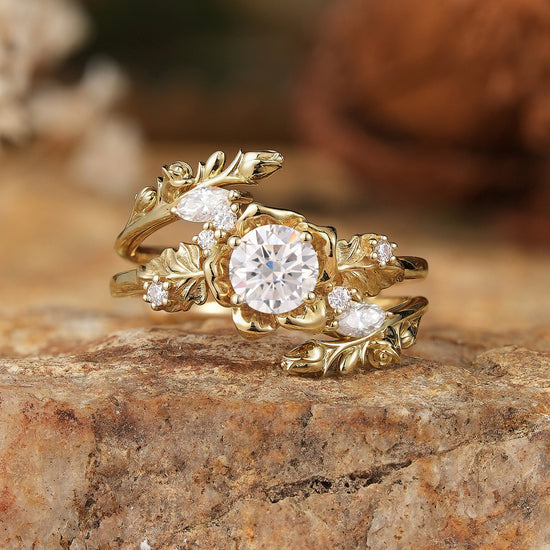 Blooming Rose Moissanite with Rose Buds Ring Set