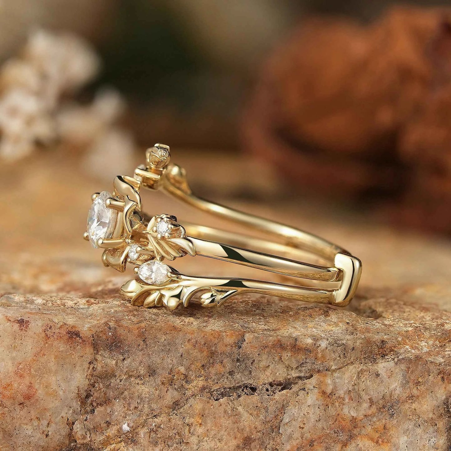 Blooming Rose Moissanite with Rose Buds Ring Set