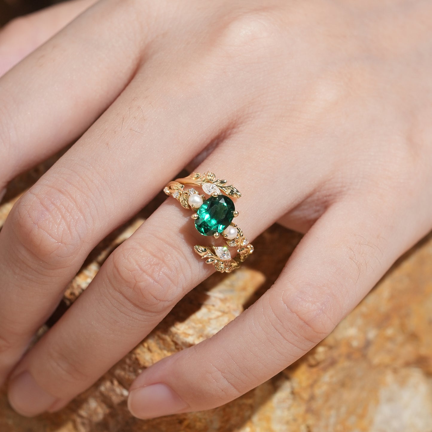 Rose Blossom: Oval Cut Lab Emerald & Pearl Nature Inspired Bridal Ring Set