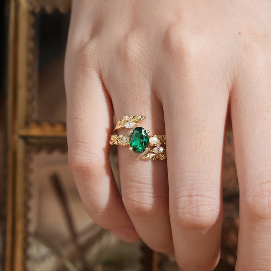 Rose Blossom: Oval Cut Lab Emerald & Pearl Nature Inspired Bridal Ring Set