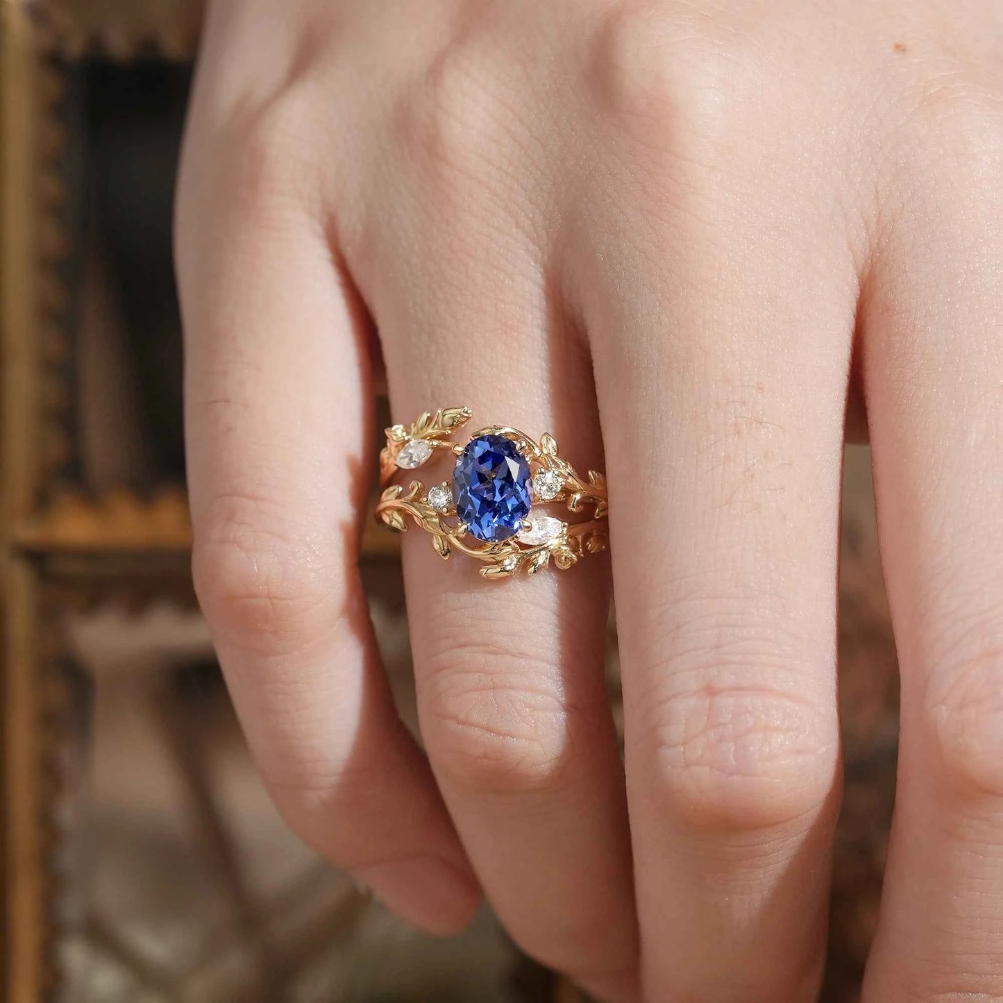 Cornflower Sapphire with Rose Buds Enhancer Ring Set - Leona