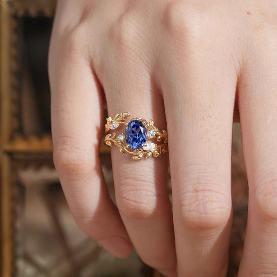 Cornflower Sapphire with Rose Buds Enhancer Ring Set - Leona