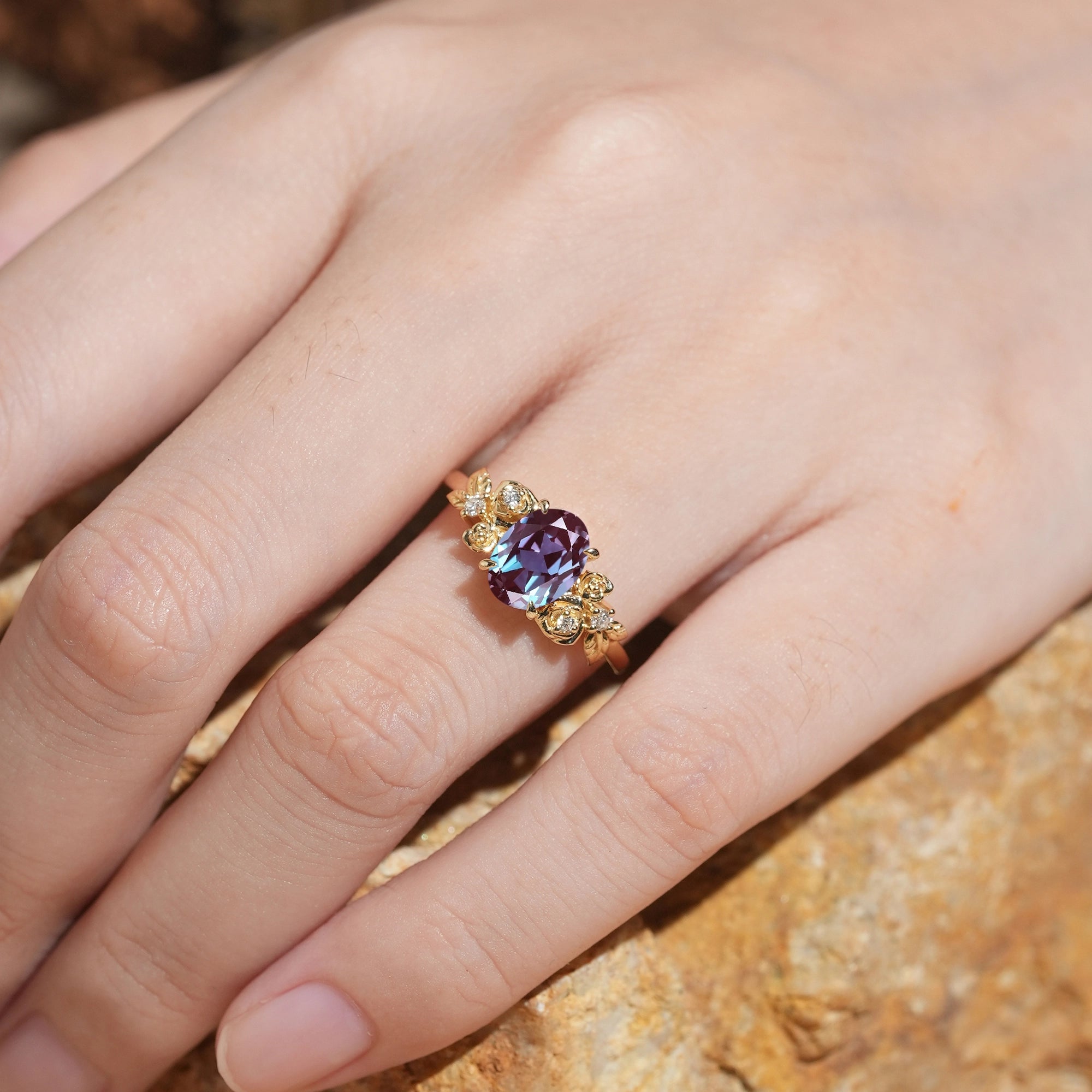 Oval Cut Alexandrite Rose Inspired Engagement Ring - Evangeline