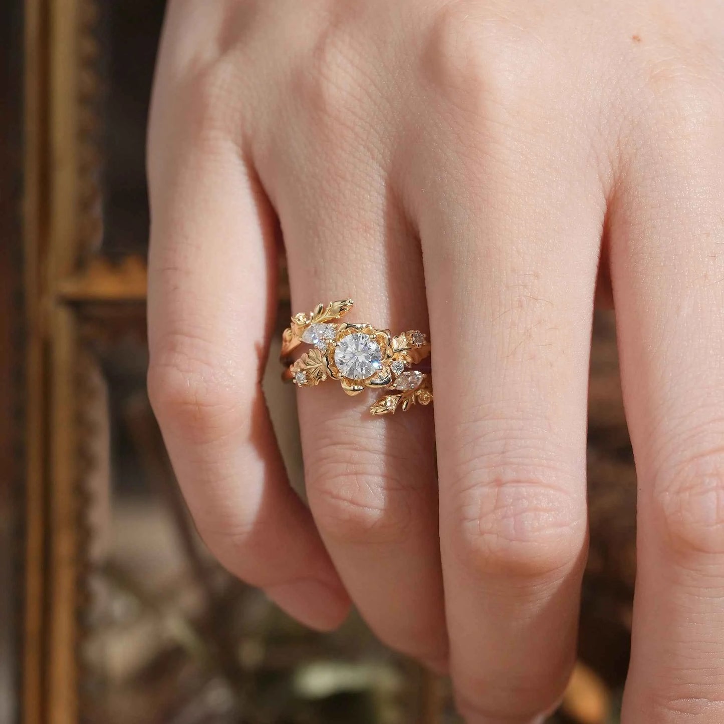 Blooming Rose Moissanite with Rose Buds Ring Set