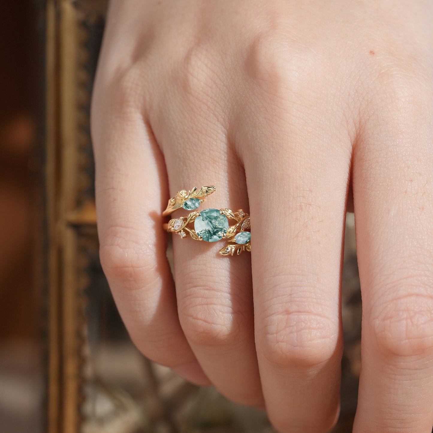 GemsMagic Round Shaped Moss Agate Nature Inspired Bridal Enhancer Ring Set