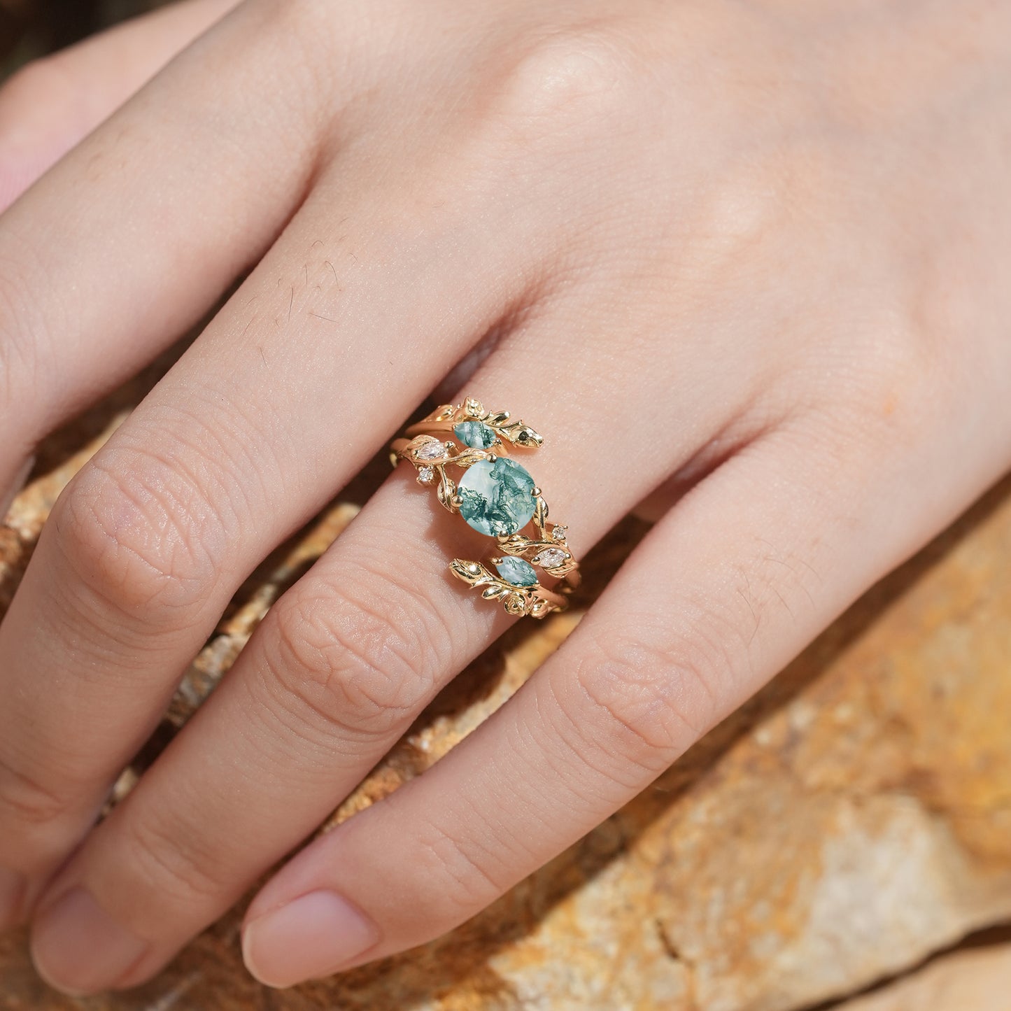 GemsMagic Round Shaped Moss Agate Nature Inspired Bridal Enhancer Ring Set