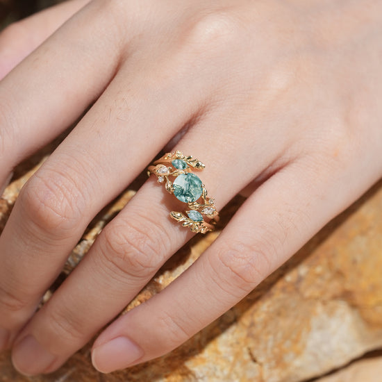 GemsMagic Round Shaped Moss Agate Nature Inspired Bridal Enhancer Ring Set