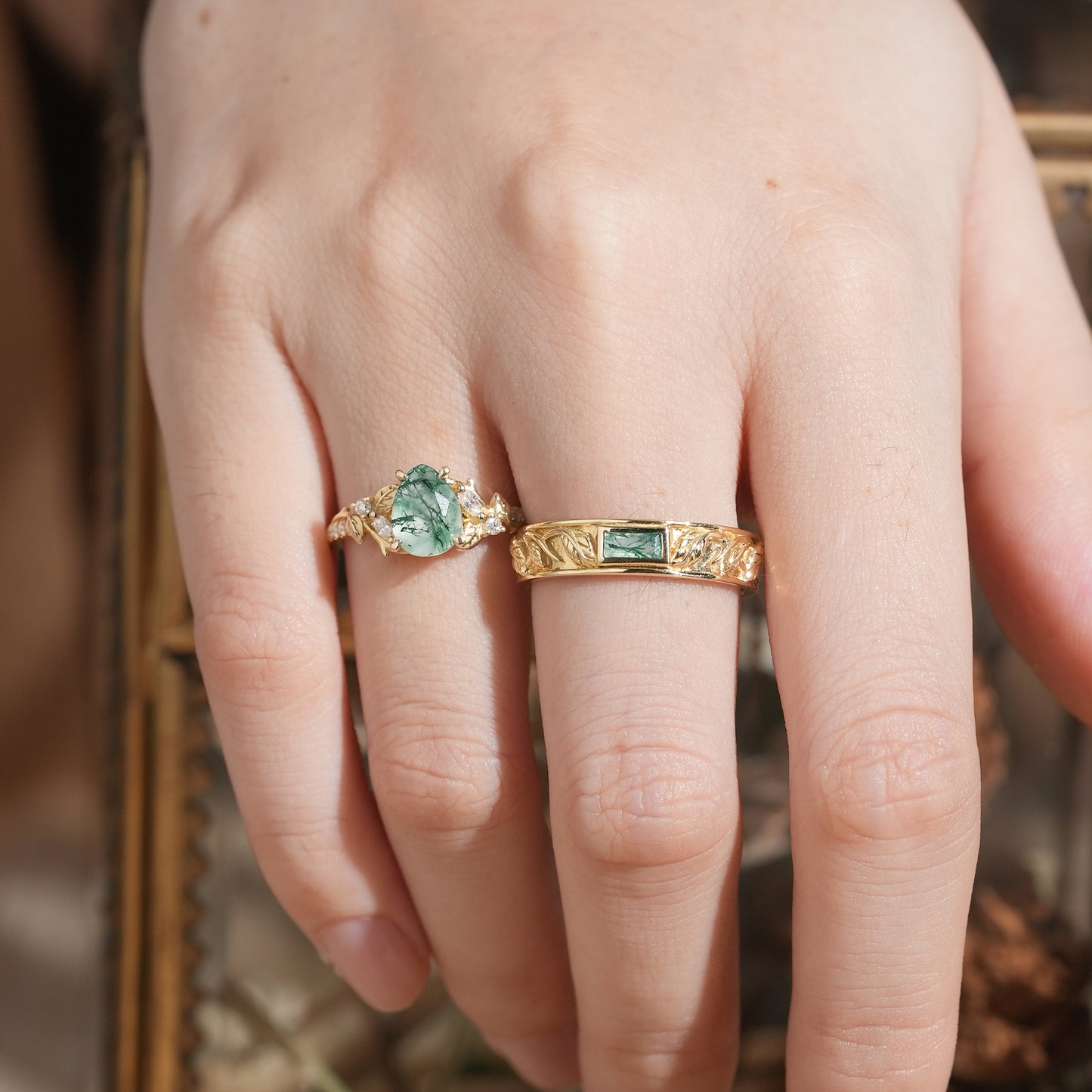 Pear Cut And Bezel Baguette Moss Agate Leaf Inspired Couple Rings