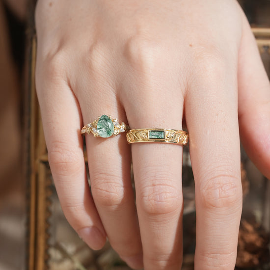 Pear Cut And Bezel Baguette Moss Agate Leaf Inspired Couple Rings