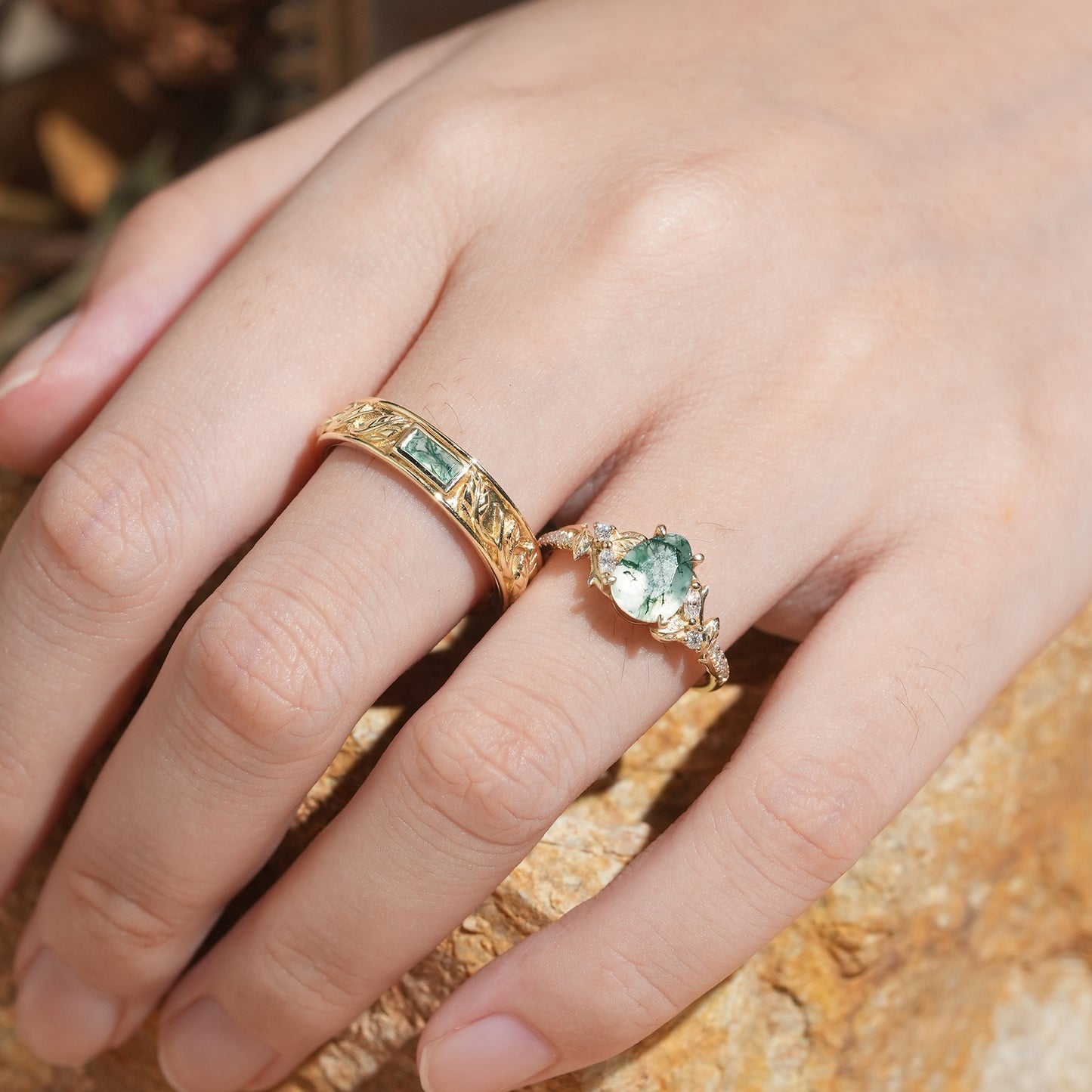 Pear Cut And Bezel Baguette Moss Agate Leaf Inspired Couple Rings