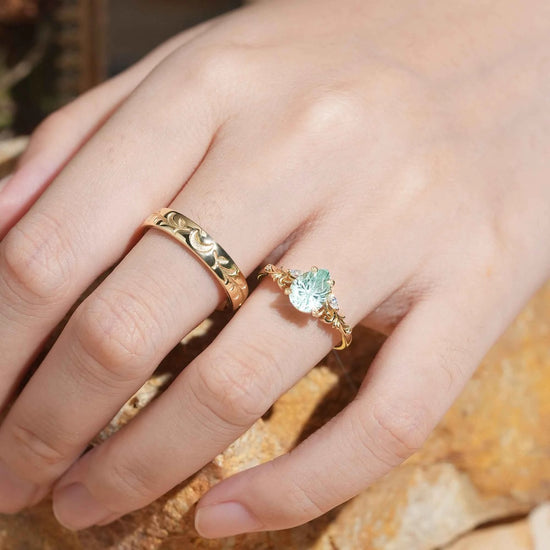 GemsMagic Sparkle Cut Pear Green Sapphire Olive Leaf Inspired And Moon Couple Rings