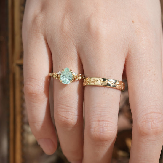 GemsMagic Sparkle Cut Pear Green Sapphire Olive Leaf Inspired And Moon Couple Rings