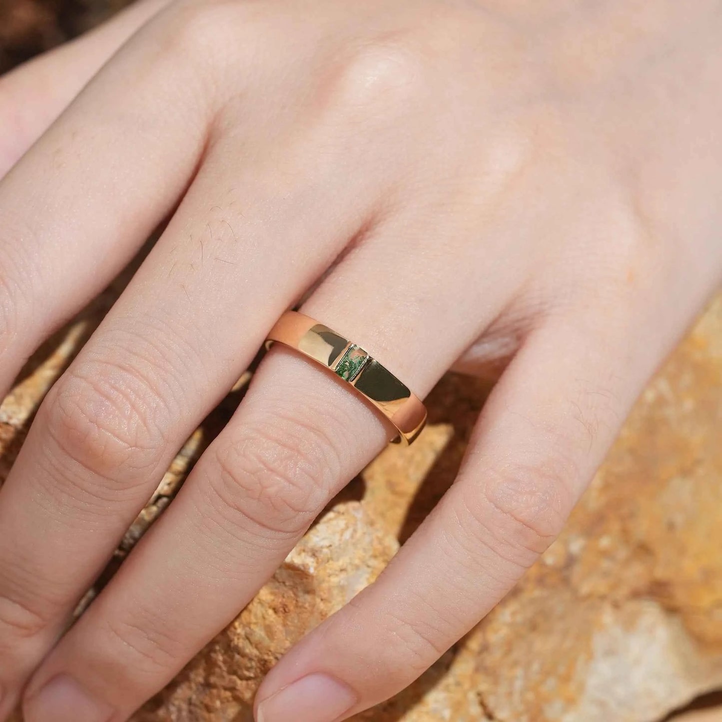 Men's Moss Agate Band with Intricate Floral and Leaf Inner Engraving - Matthew