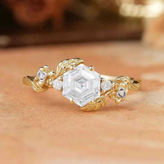 Hexagon Moissanite Mixed Metal Nature Inspired Engagement Ring