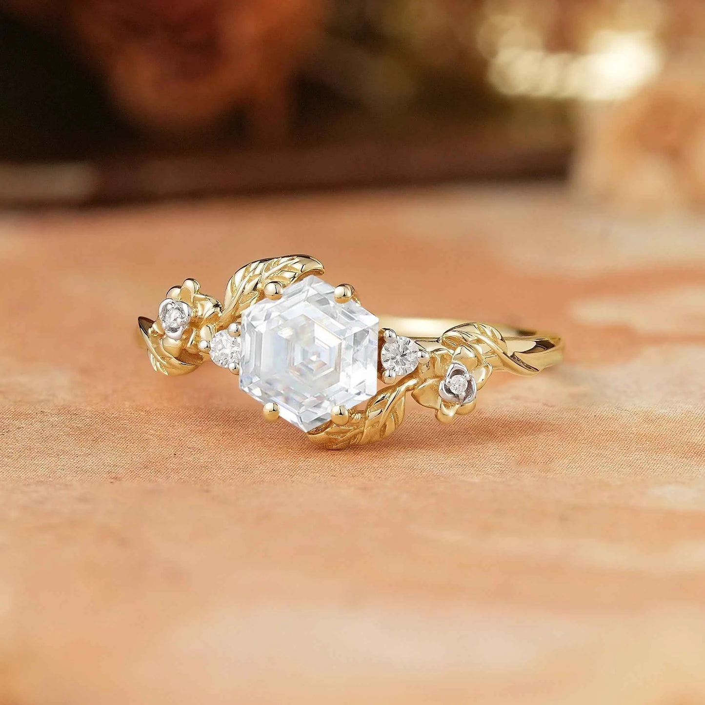 Hexagon Moissanite Mixed Metal Nature Inspired Engagement Ring