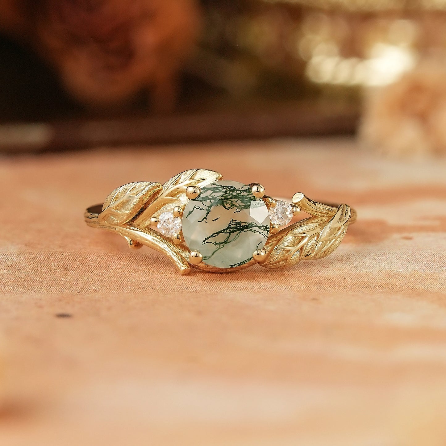 Round Cut Moss Agate Nature Inspired Bark Textured Engagement Ring - Rhea