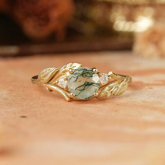 Round Cut Moss Agate Nature Inspired Bark Textured Engagement Ring - Rhea