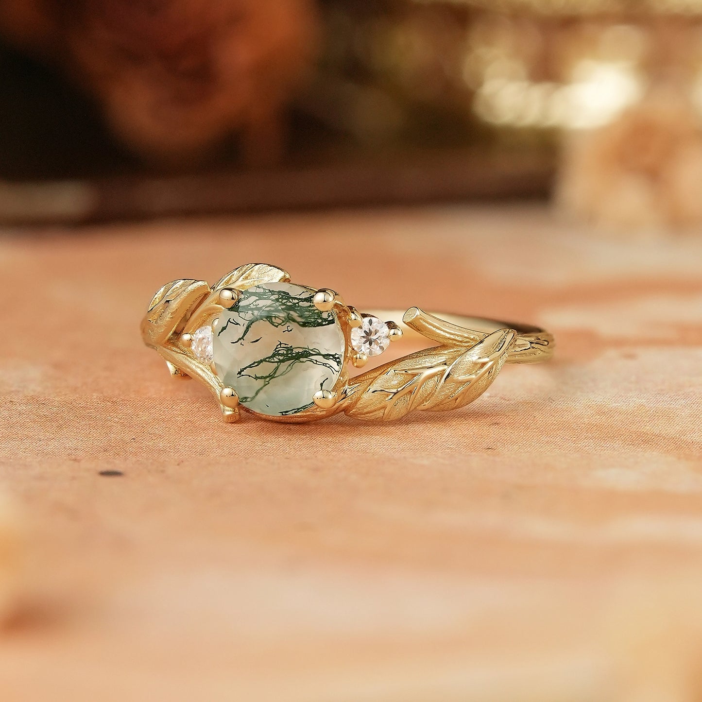 Round Cut Moss Agate Nature Inspired Bark Textured Engagement Ring - Rhea