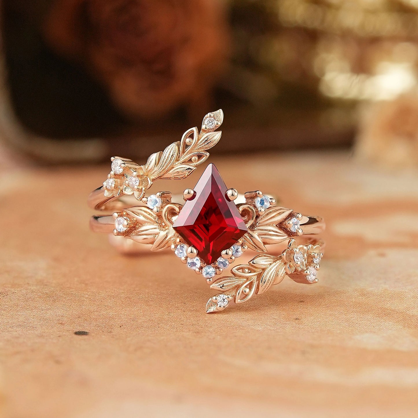 Nature Inspired Kite Cut Lab Ruby And Moonstone Enhancer Bridal Ring Set