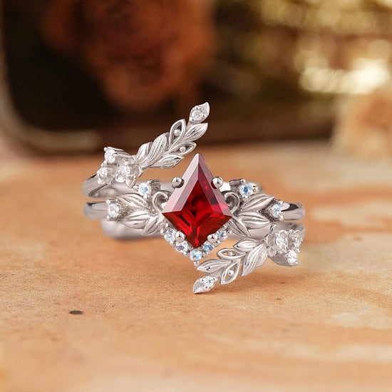 Nature Inspired Kite Cut Lab Ruby And Moonstone Enhancer Bridal Ring Set