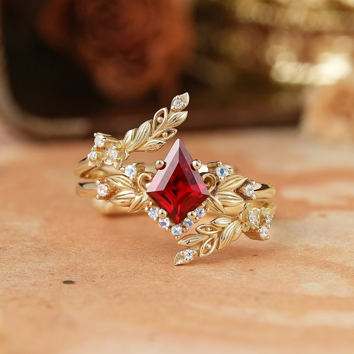 Nature Inspired Kite Cut Lab Ruby And Moonstone Enhancer Bridal Ring Set
