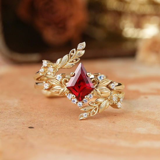 Nature Inspired Kite Cut Lab Ruby And Moonstone Enhancer Bridal Ring Set