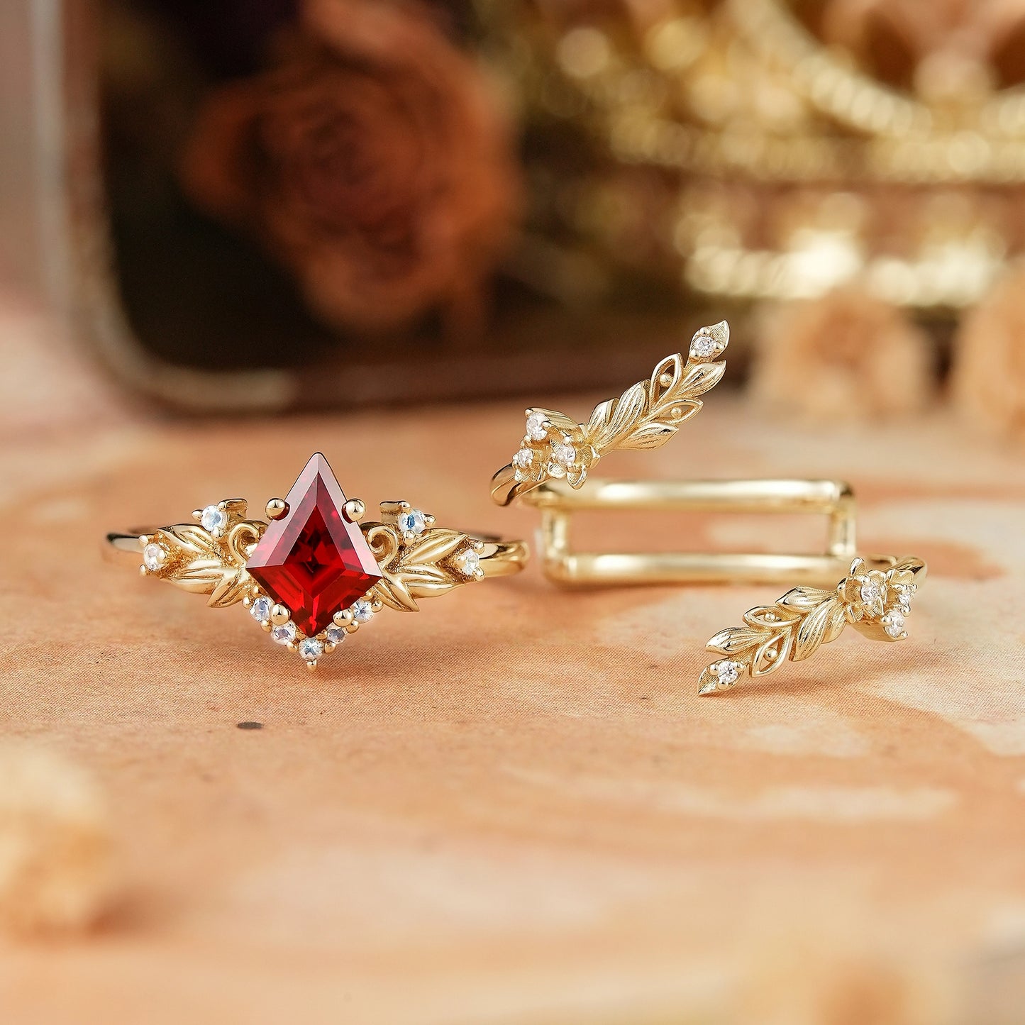 Nature Inspired Kite Cut Lab Ruby And Moonstone Enhancer Bridal Ring Set