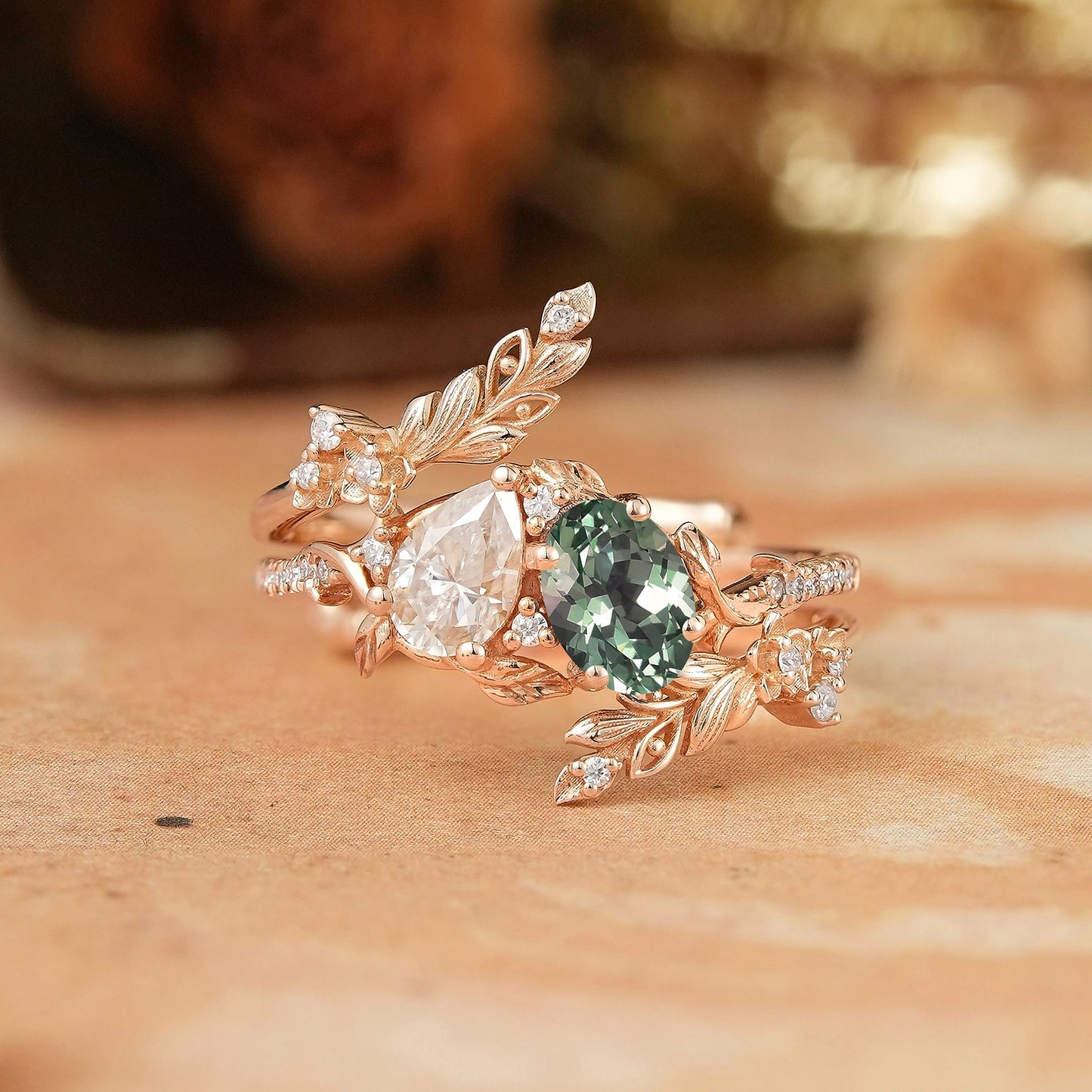 GemsMagic Two - Stone Pear Moissanite and Oval Green Sapphire Toi Et Moi Leaf Bridal Ring Set