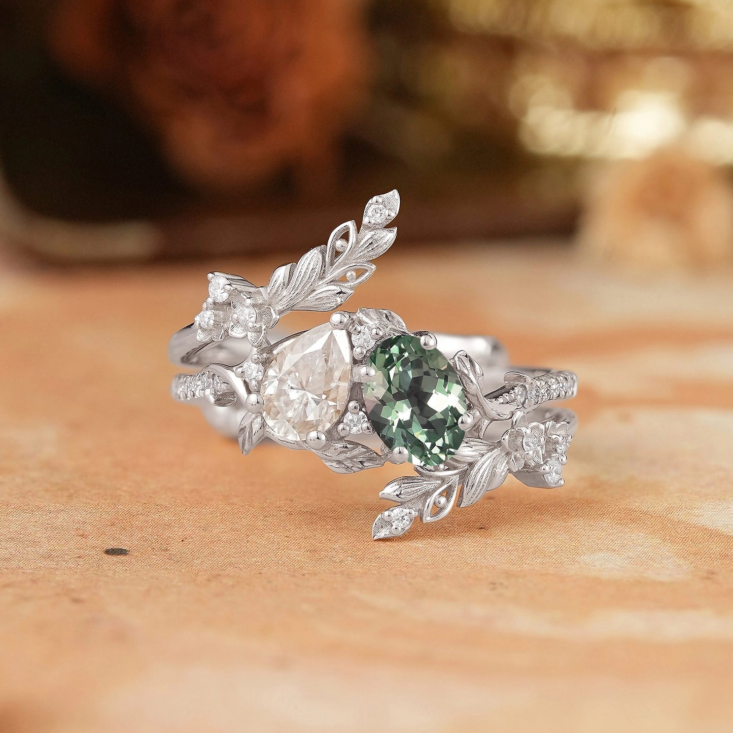 GemsMagic Two - Stone Pear Moissanite and Oval Green Sapphire Toi Et Moi Leaf Bridal Ring Set